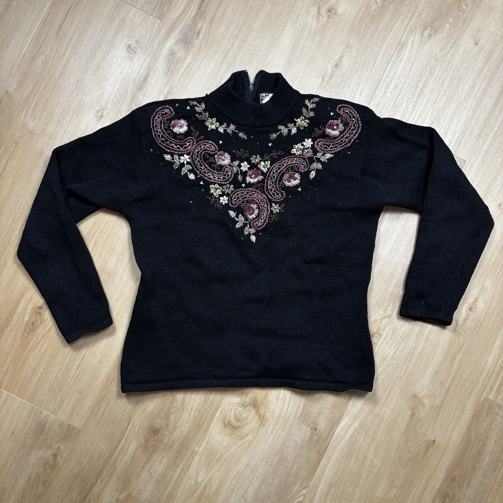 VTG Tiara International Women Large Sweater Black Embroidered Floral‎ Turtleneck